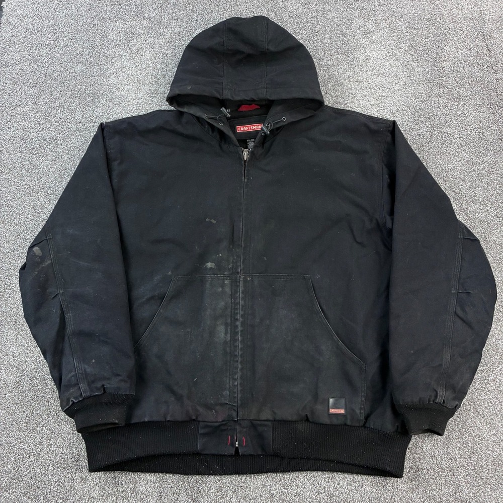 Craftsman Jacket Mens 2XL Black Canvas Hooded Quilted Lined Full Zip Workwear